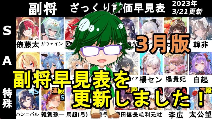 【放置少女副将特集】3月版みんなで作ろう視聴者参加型副将評価早見表！【デフ】