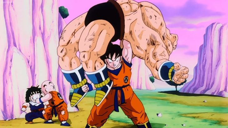 ドラゴンボール – Goku unleashes a devastating punch that crushes Nappa’s body, 悟空は海王剣でナッパの体を破壊する